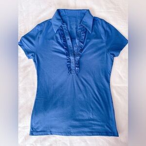 Stylish Collegiate Blue Women's Polo with Ruffle Detail